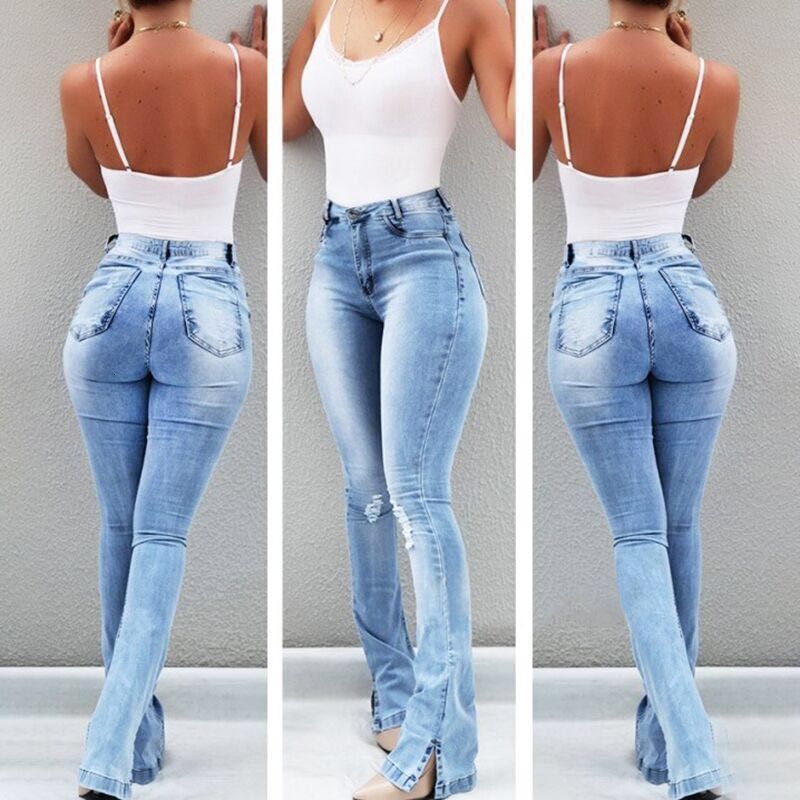 Free Shipping Designer Amazon 2025 Spring New Women's Stretch Slit High Waisted Jeans