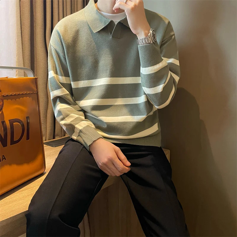 Autumn Simple Lapel Striped Sweater For Men Casual Vintage Korean Fashion Knitwear Top Y2K Loose Knitted Pullover Jumper 250801
