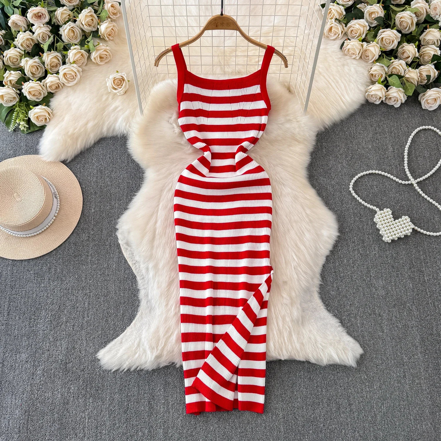 Strip Ins Fashion Sexy Package Hips Bodycon Dress Lady y Stripes Knitted Spaghetti Straps Outfits Long Women 250801