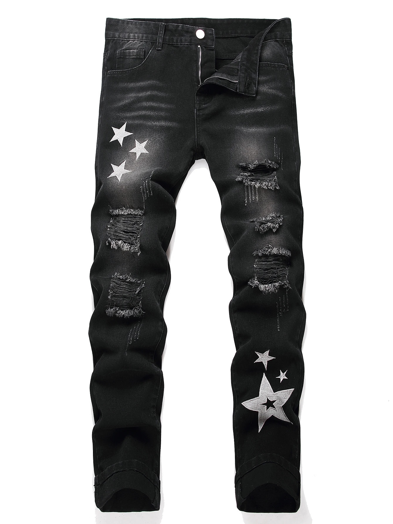Black Y2K Jeans Mid Rise Straight Leg Man Pants with Silver Star n Distressed Ripped Denim Clothing Hip Hop Male Streetwear 250818