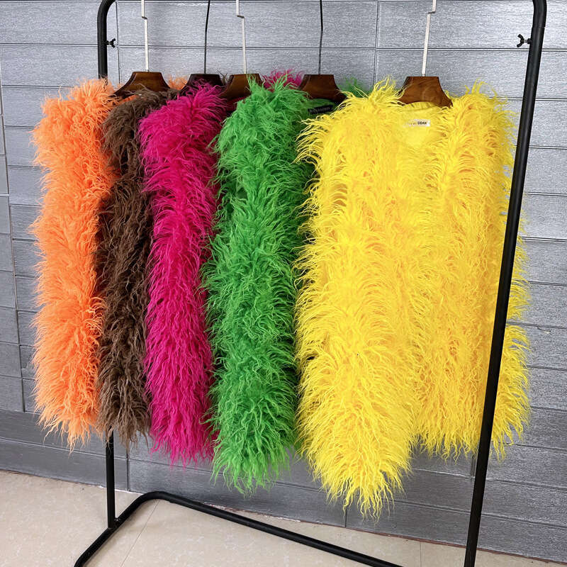 Autumn New Fashion Women Middle Long Fluffy Colorful Mongolia Sheep Fur Vest Female Sleeveless Faux Fur Jacket Vest