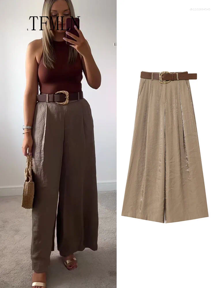Women's Pants TFMLN Fashion Women Solid Wide Leg Pant With Belt 2025 Summer Chic Causal Zipper Full Trousers Simple Female High Street