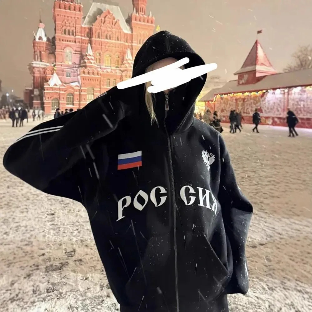 Russia Vintage Double Zip Hoodies Y2K Clothes Men Hip Hop Lettering Graphic Oversized Hoodies Sweatshirts Casual Jacket 250818