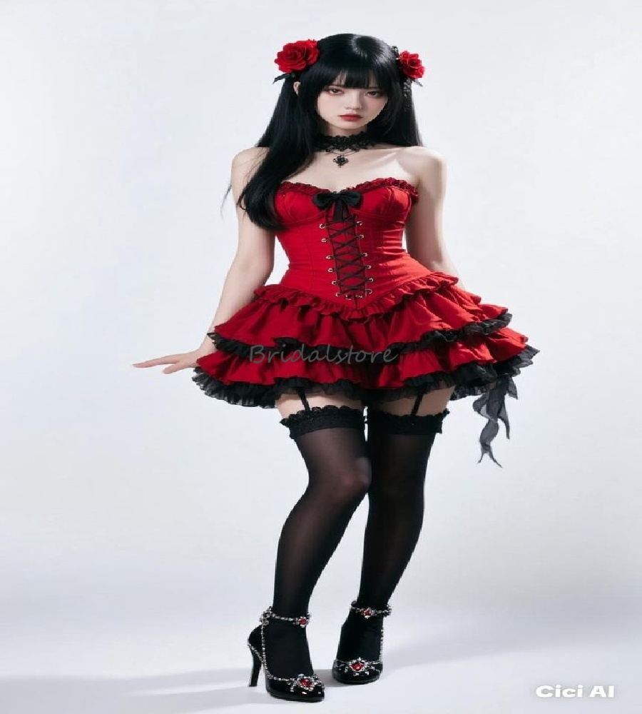 Haunting Red Gothic Prom Dress 2025 Sexy Cosplay Mini Evening Dress Sexy Tiered Halloween Vampire Birthday Party Dress Costume Cocktail Party Ski