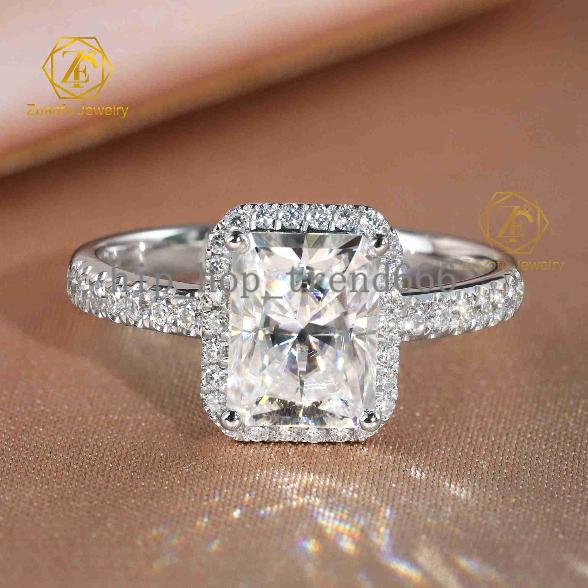 2ct Radiant Ice Crush Moissanite Halo Engagement Ring with Diamond Side Stone 14k White Gold for Women Fine Jewelry