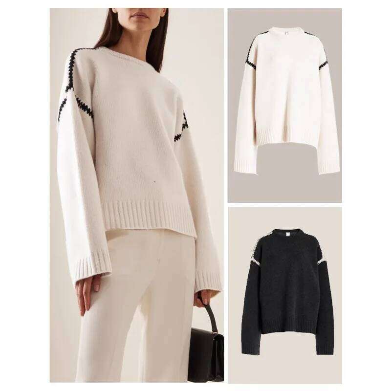 Shell Embroidered Hoodie Women's Two Color Round Neck Contrast Wool Cashmere Warm White Knitted Sweater 2025 250818