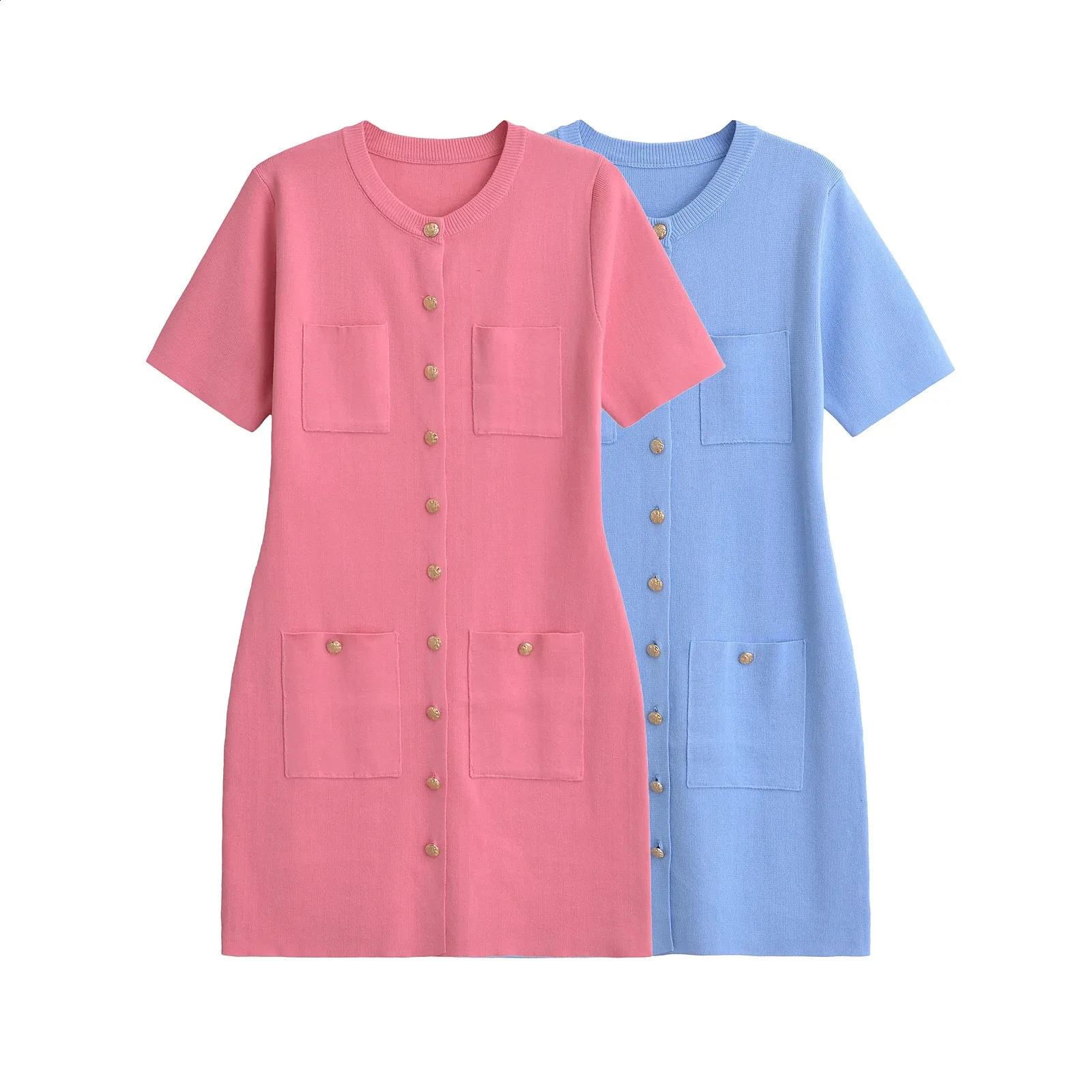 TRAFSHE Knitted Dress Women Pocket Sweater Mini Dresses For Summer Short Sleeve Metal Buttons Casual 250801