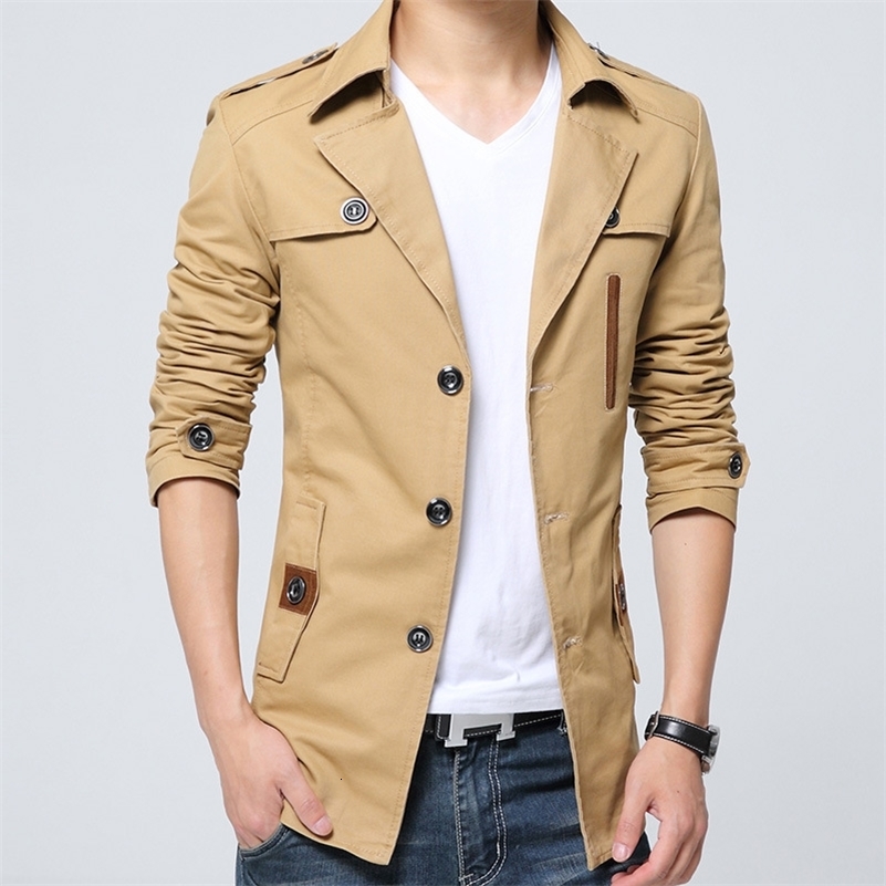 Autumn Pure Cotton Trench Coat Men Wash Windbreaker Overcoat Slim Long Turn Down Collar Casual Jacket Blue y250804