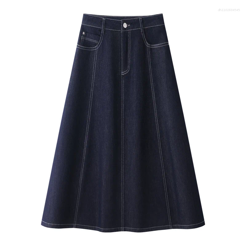 Skirts Trendy Dark Blue Denim Mid-Calf Skirt For Women 2025 Spring And Summer Loose Fit Office Lady