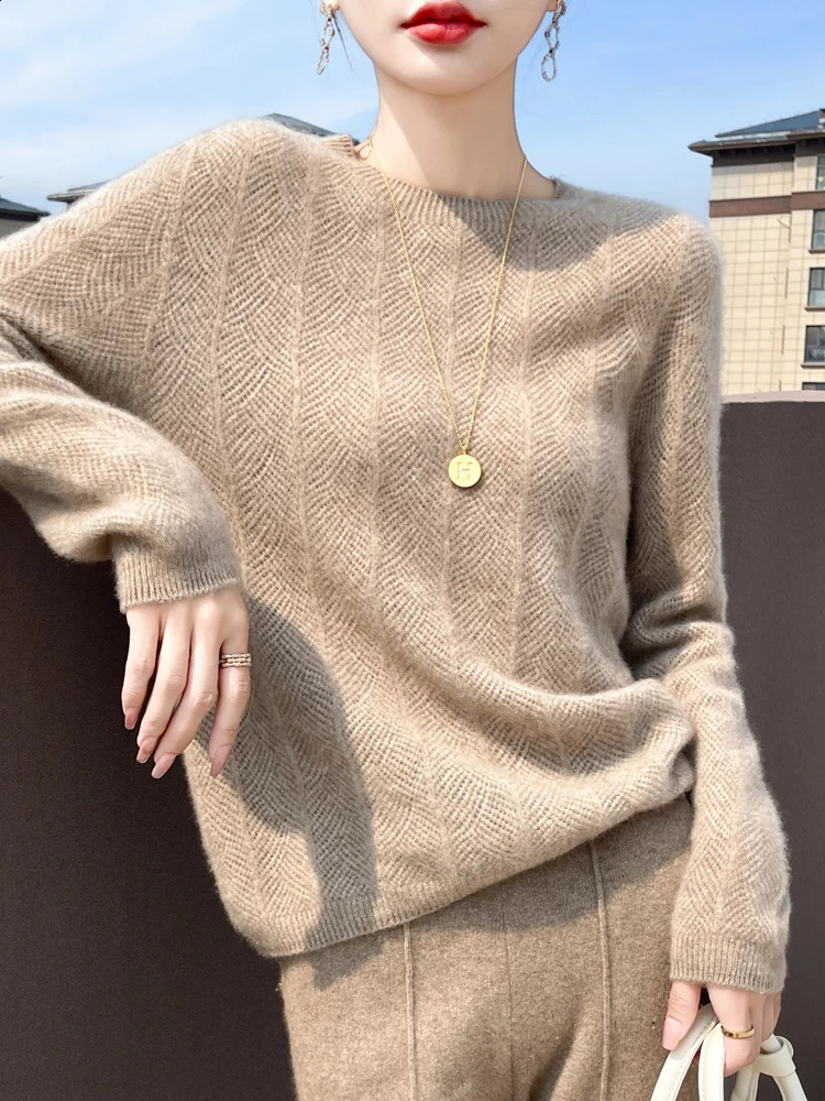 Autumn Winter Women Cashmere Sweater Long Sleeve Oneck Pullover 100% Merino Wool Knitwear Basic Hollow Korean 250801