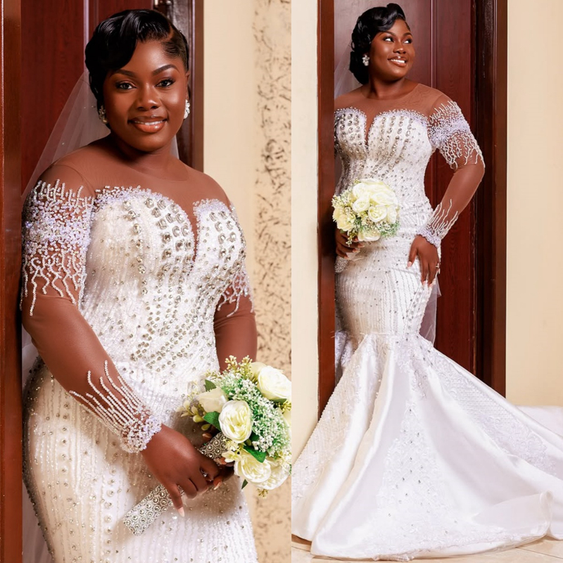 Plus Size Off White Aso Ebi African Wedding Dress Bridal Gowns For Bride Mermaid Wedding Gowns Sheer Neck Long Sleeves Beaded Lace Bridal Dress D610