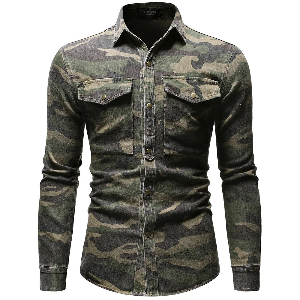 Mens army green camouflage denim shirt outdoor mountaineering sports 250801