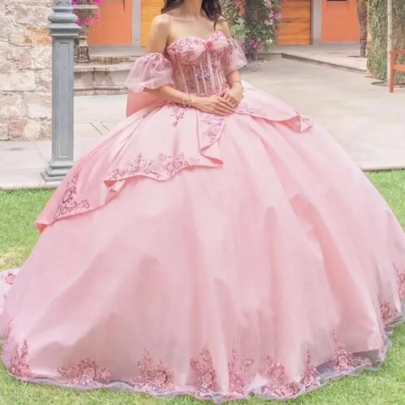 Pink Off The Shoulder Ball Gown Quinceanera Dresses Applique Lace Bow Beads Tull Party Birthday Sweet 16 Dress Vestido 15 Anos