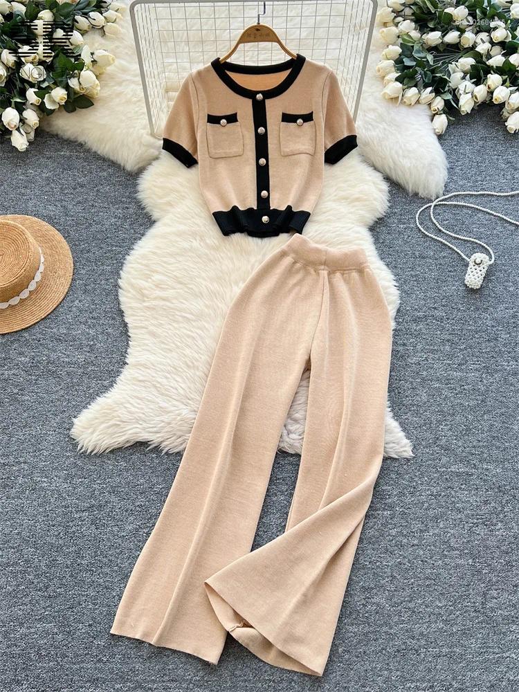 Pantalon de deux pièces pour femmes Singreiny Senior Fashion Tricot 2pcs Ensembles à manches courtes sur les jambes larges Long Bouton Pocket Col