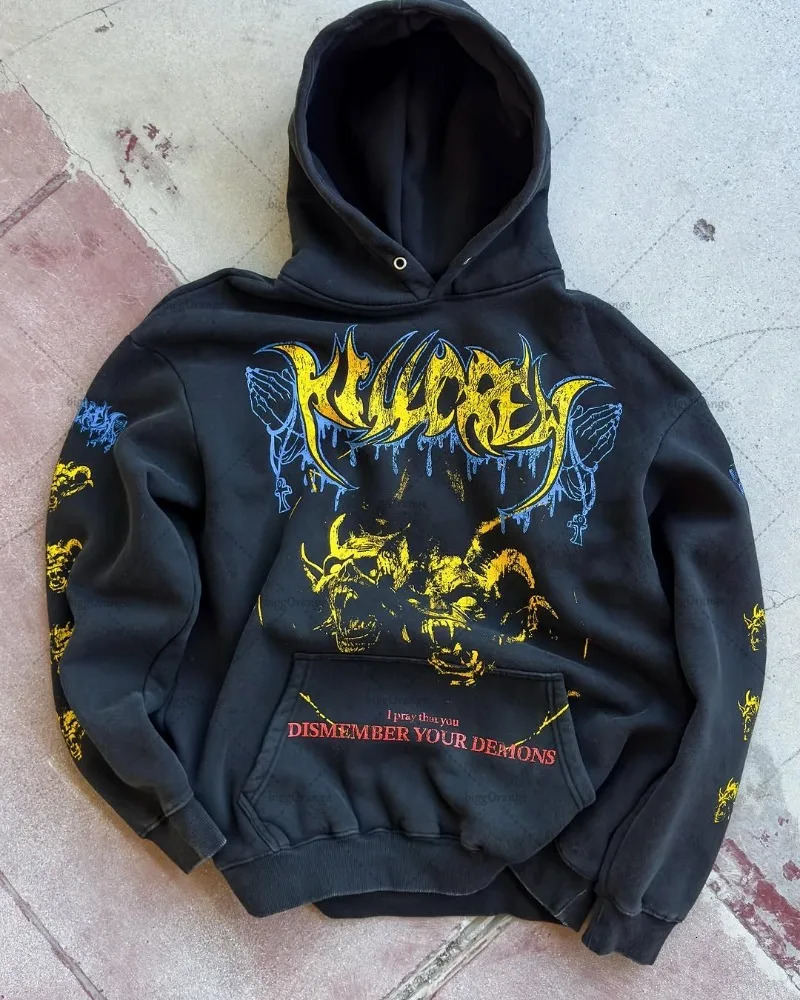 2025 Street Fashion Retro Hoodie Y2k Harajuku Demon Pattern Top European and American Gothpunk Extra Large Size Sweatshirt Men 250818