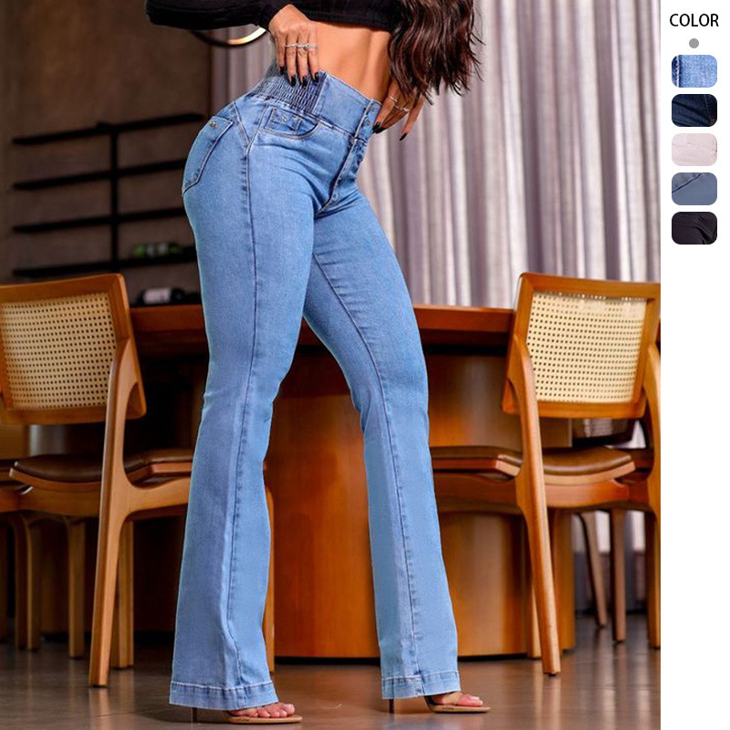 Free Shipping Designer 2025 Amazon Stretch Waist High Waist Button Stretch Slim Fit Wide Leg Women's Jeans