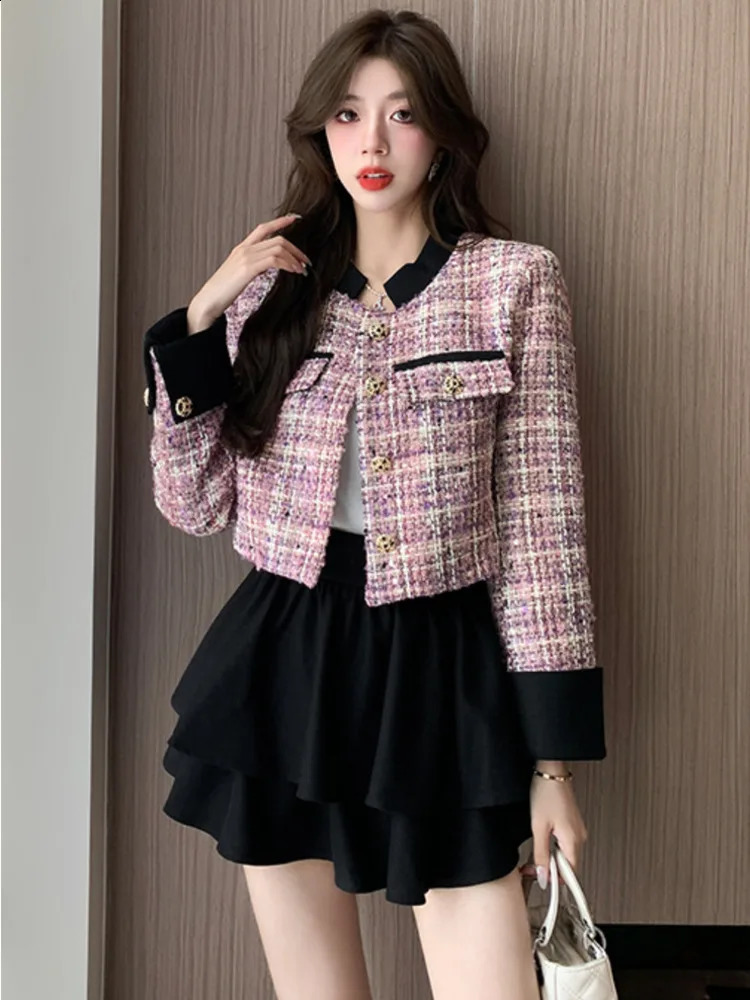 Elegant Weave Office Lady Tweed Veste Collier Collier de haute qualité rose court top fashion longue manche causale Femme Femmes externes 250801