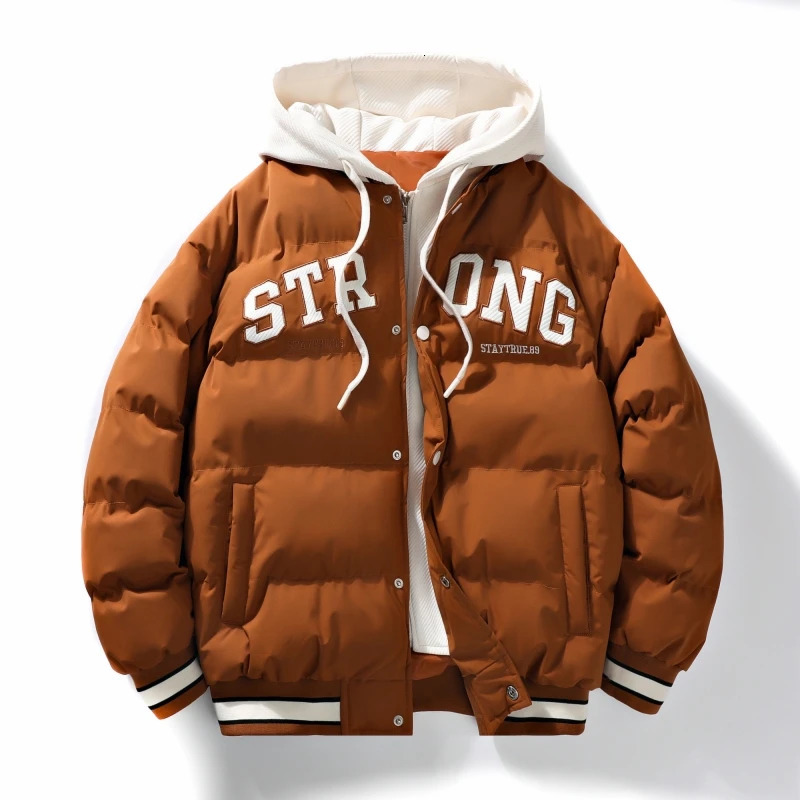 Mens Down Jacket Autumn Winter Fashion ColorBlock Warm Thickened Trend High Street Hooded Two Coat Men Casual 250818