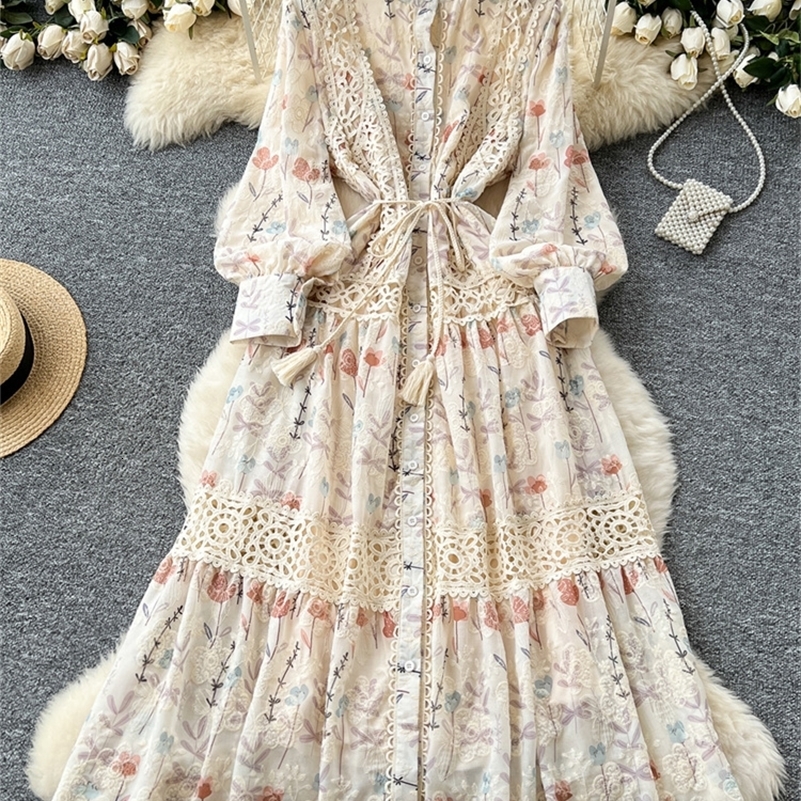 SINGREINY Senior Floral Long Dresses Women Lantern Sleeve O Neck Lace Up n Single Breasted High Quality Court Print Dress 250808