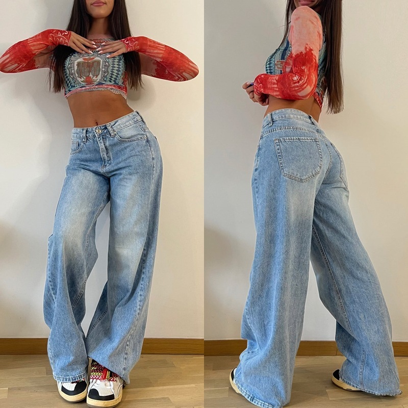 Déscripteur de livraison gratuite 2025 Vintage American Long Long Lam Leg Pantal, Spicy Girl Loose Jeans, Pantalon de jambe droite à taille haute