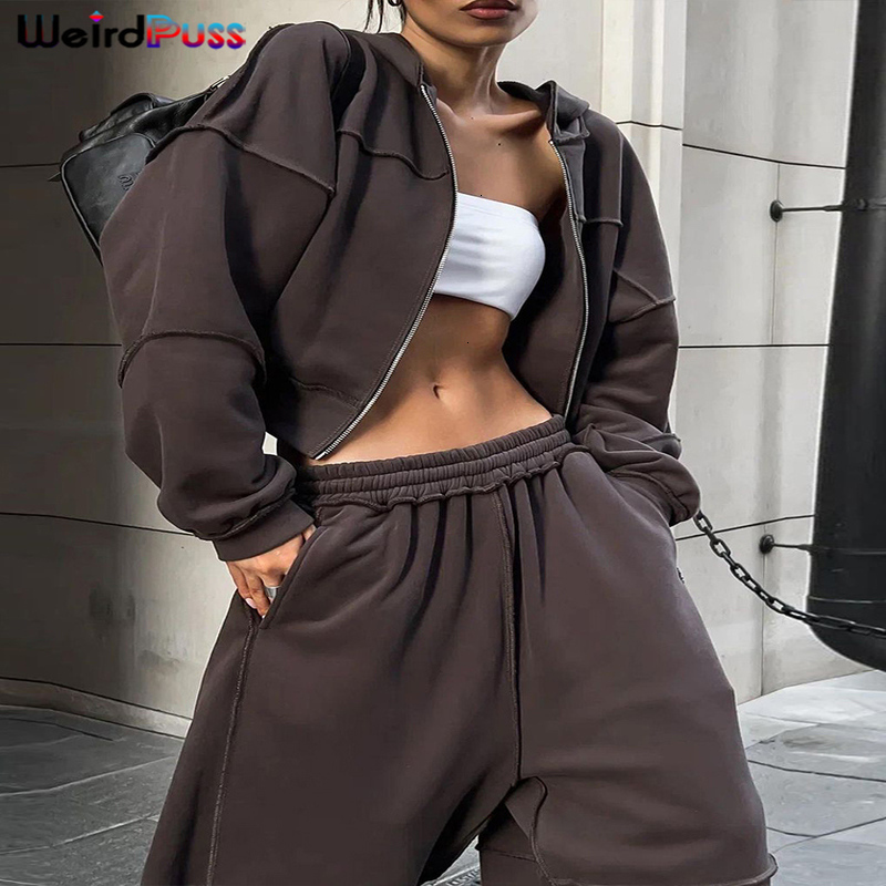 Weird Puss Casual Tracksuit Women 2 Piece Set Panelled Stripes Sporty Simple Hipster Hooded Zip JacketWide Pants Matching Suits w250815