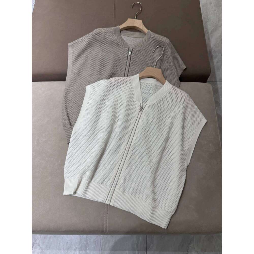 Vêtements de créateurs 2025 Printemps Summer 2025 Lin sans manches pour femmes chatoyant en soie à fermeture éclair creux cardigan