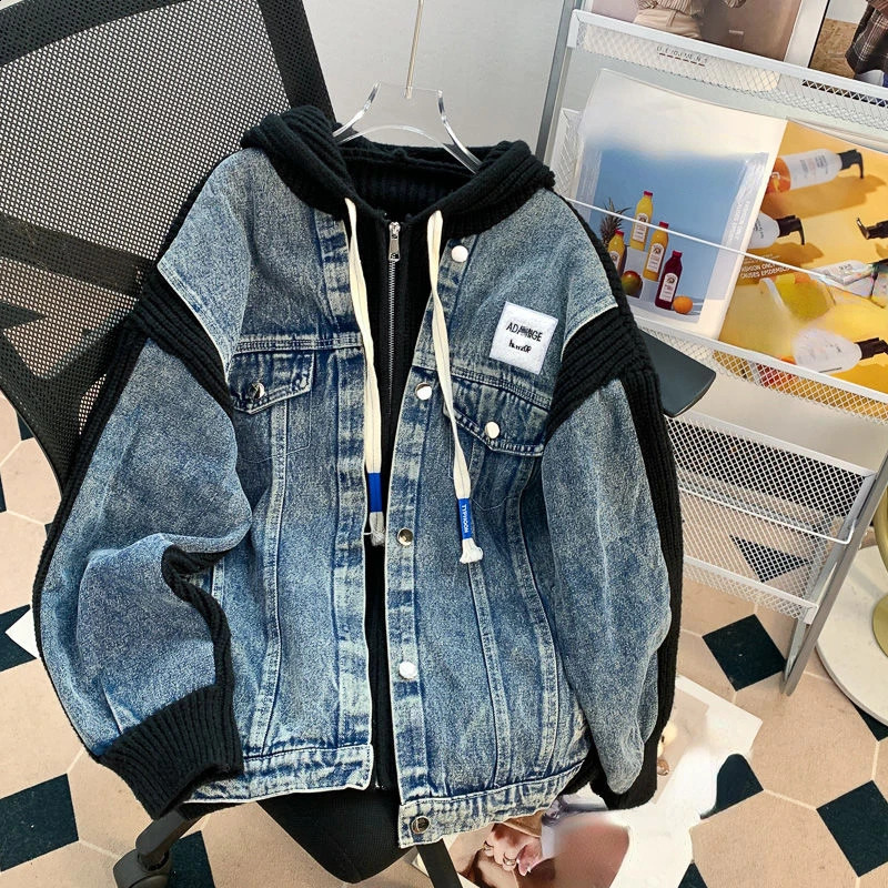 Japanese Vintage Y2k Jackets Hooded Knit Patchwork Two Piece Zipper Oversized Denim Coat Autumn All Match Womens Clothing 250801