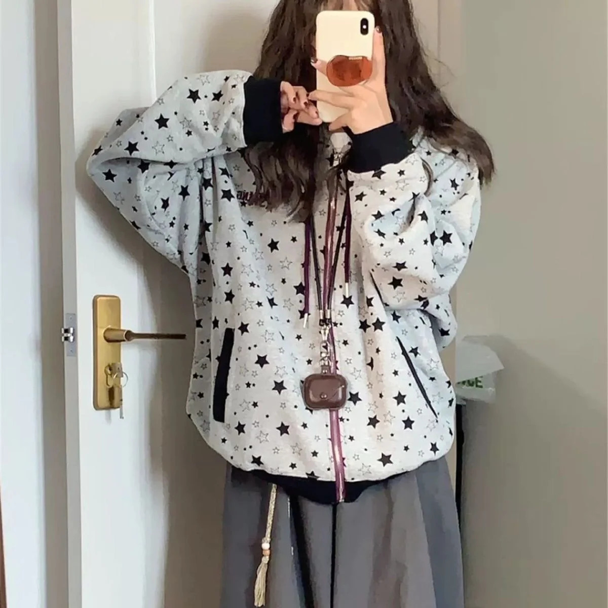 Sweet Cool Full Star Grey Zipper Hooded Hoodie Spring And Autumn Dressing Up Collection Casual Fashion Trends Versatile 250818