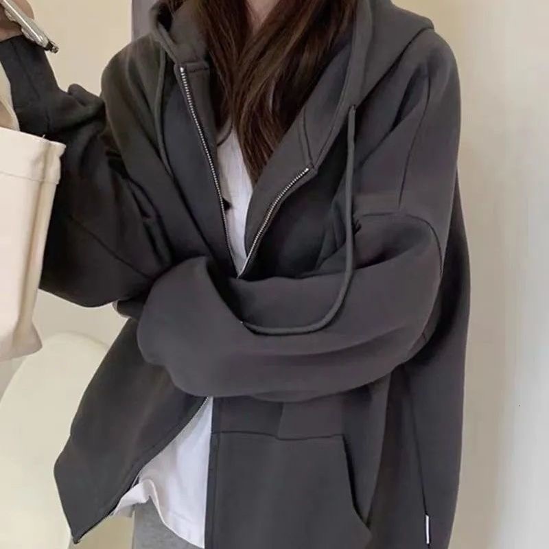 Women Hoodies Autumn Retro Solid Color Zip Up Oversized Sweatshirts Harajuku Long Sleeve Hooded Jackets Coat DF4963 w250815