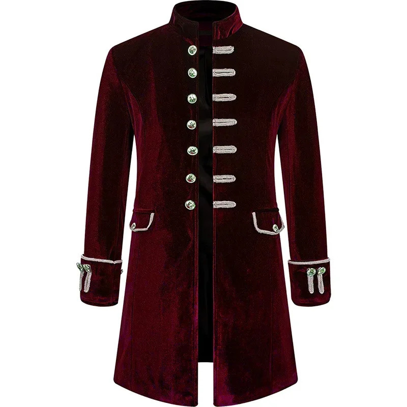 Men Steampunk Gothic Victorian Jacket Vintage Wine Red Velvet Tailcoat Medieval Frock Coat Uniform Party Halloween Costume Homme 250818