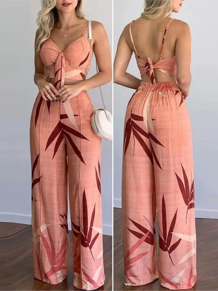 Women's Two Piece Pants Elegant Outfits For Women 2025 Sexy V-Neck Strap Backless Lace-up Slim Crop Top & Wide Leg Sets Summer Lady Suit