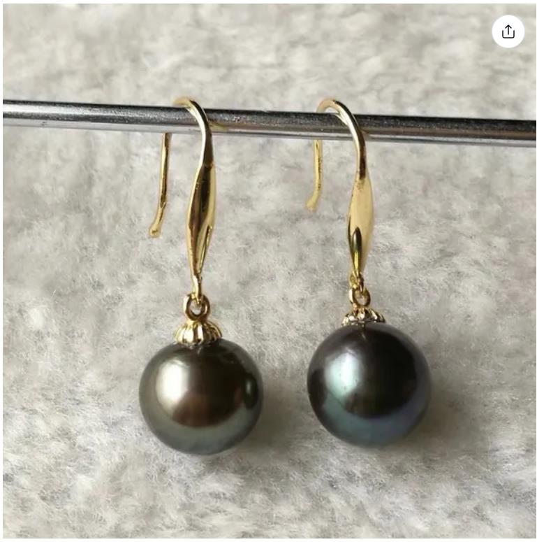 HOT 10-11MM PERFECT ROND TAHITIAN Black PEARL EARRING 14K SOLID GOLD MARKED