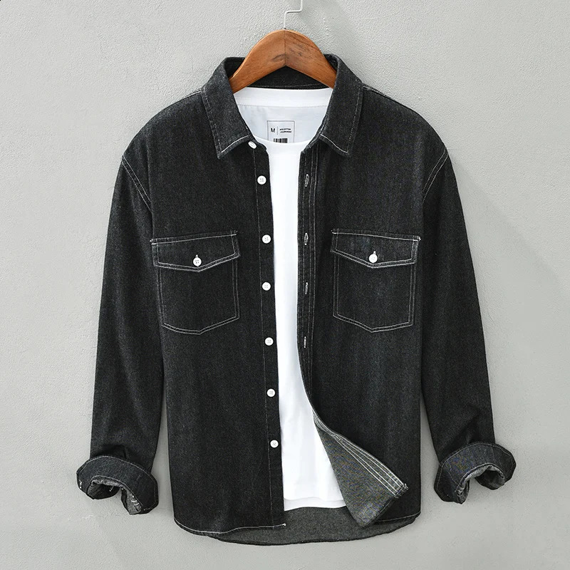 Spring Black Vintage Denim Shirts for Men 100% Cotton Casual Comfortable Long Sleeve Tops Plus Size Quality Clothes 250801
