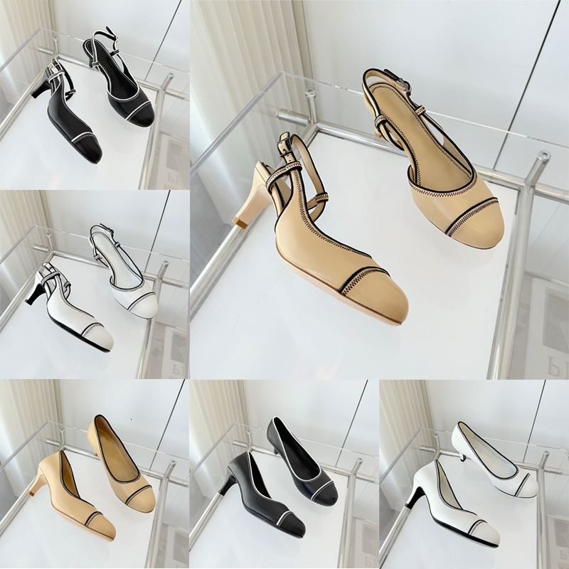 New Designer Heels Women Slingback Pumps Leather Dress Shoes Boat Slingbacks Cap Toe Summer Sandals Ivory Black Shoes 906