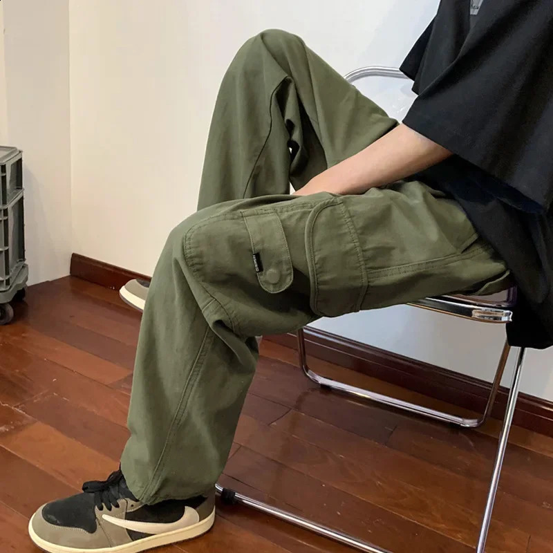 Japanese Style Loosefit Cargo Pants Unisex Solid Color Streetwear Simple Trendy Wideleg Straightleg Versatile Trousers 250815
