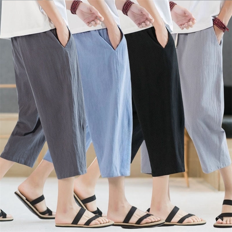 2025 Summer Men Casual Pants Ice Silk Thin Solid Color Cropped Fashion Hip Hop Street Sweatpants Male Loose Trousers y250729