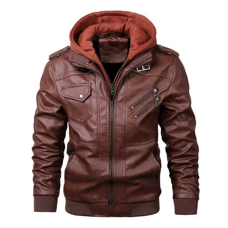 Spliced PU Leather Faux Leather Cardigan Solid Zipper Hooded Men Jackets Pockets Loose Fit Outerwear High Street Men JacketXJ250818