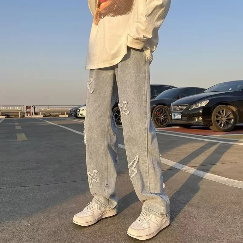 Wide Leg Hip Hop Black Blue Pants Men Straight Y2k Denim Jeans Male Casual Fashion Loose Streetwear High Street Pants 250815