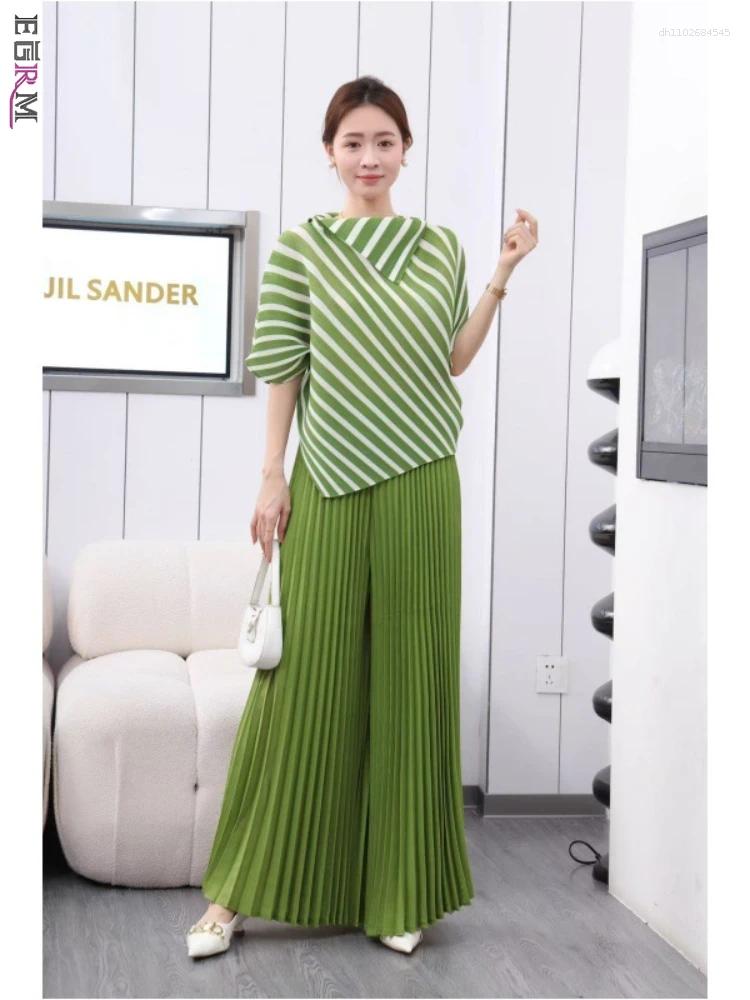 Women's Two Piece Pants EGRM Miyake Pleated Suit 2025 Striped Printing Lapel Collar Short Sleeve Top Wide Leg Two-piece Sets 6R0317