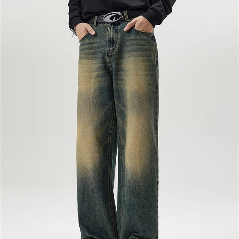 4 Colors Autumn Vintage Distressed Mens Baggy Straight Jeans Fashion Korean High Street Denim Pants Streetwear Male Trousers 250815