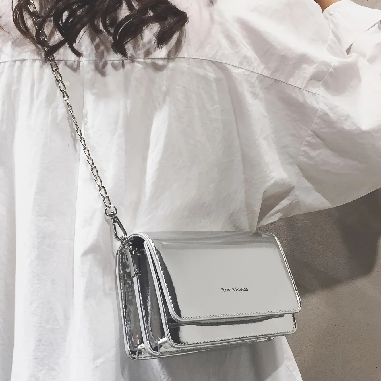PU Leather Mini Crossbody Bag for Women 2 Compartments Flip Rectangle Shape Shoulder BagChest Silver Black 250815
