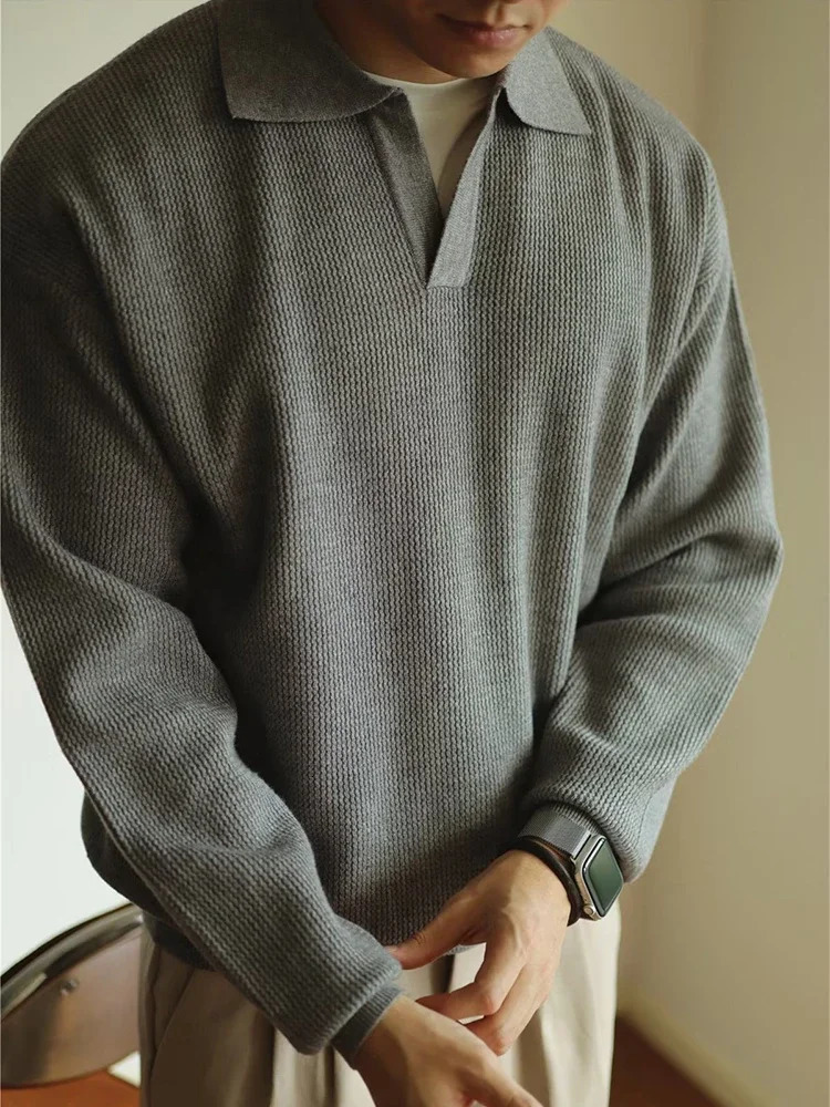 Fall Casual Sweater Mens Knitted Polo Shirts Long Sleeve Turndown Collar Jumper Tops Men Vintage Knitwear Solid Color 250818