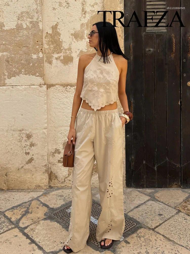 Women's Two Piece Pants TRAFZA Women Embroidery Neck Halter Design Sexy Backless Short Top Elastic Waist Side Pocket Casual Loose Wide-Leg