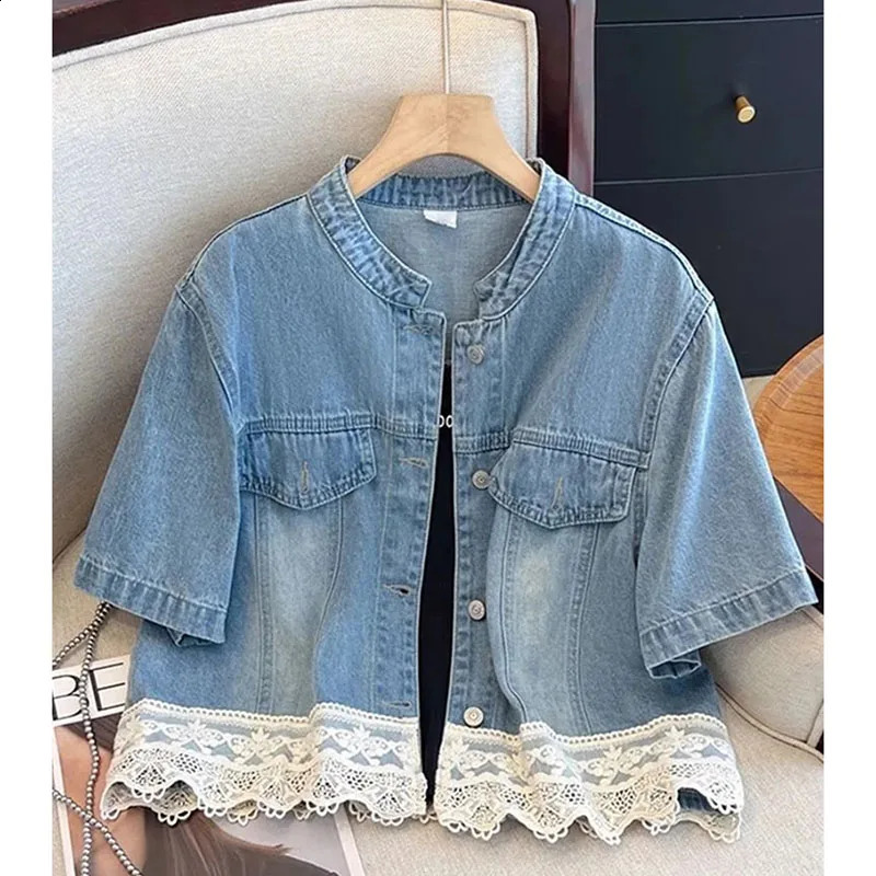 Lace Patchwork Short Sleeved Denim Jacket for Womens SummerElegant Thin Style Casual Cowboy Shirt Top Female 250801