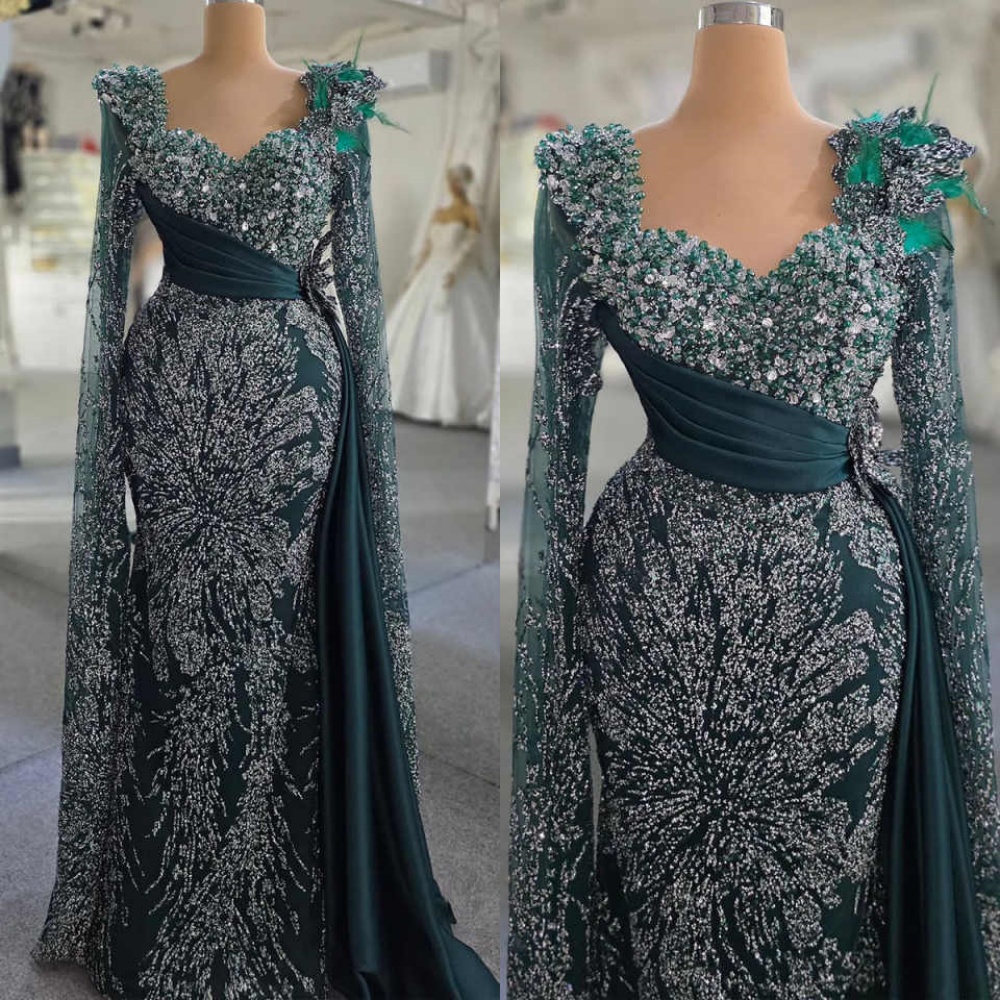 Sequined Evening Dress Mermaid V Neck Long Sleeve Dinner Party Gowns Special Occasion Gown Prom Dress Customized