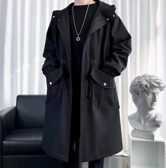 Mens Windbreaker Jacket Long Trench Oversize Loose Streetwear Hooded Vintage Black Coats High Street Casual Male Outerwear 250818