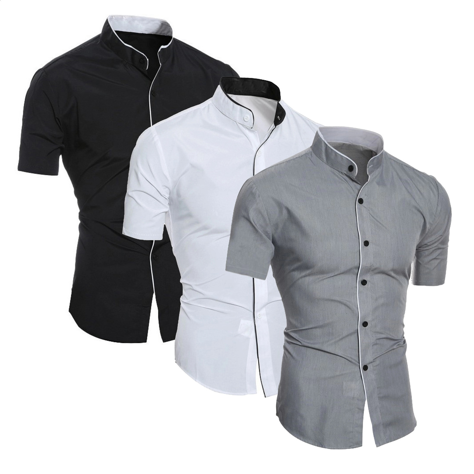 Mens summer shortsleeved casual fashion shirt comfortable and breathable slim mens solid color standup collar top 250801