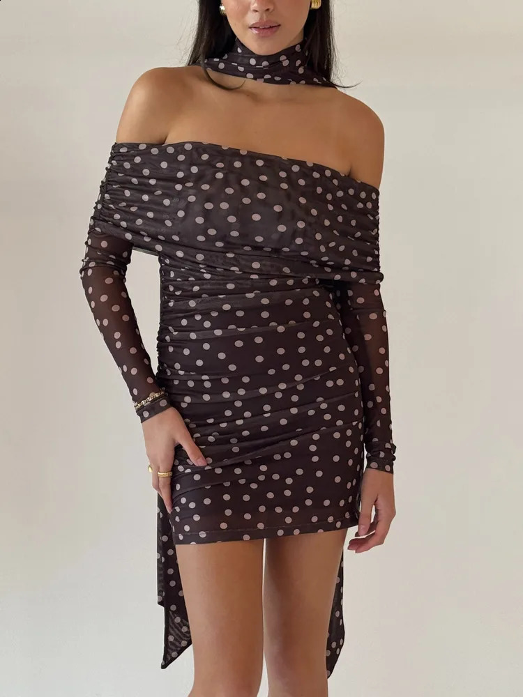 Julissa Mo Sexy Off Écharpe épaule Mesh Femmes Habille à manches longues Mini Female Female Slim Elegant Party Clubwear 250801