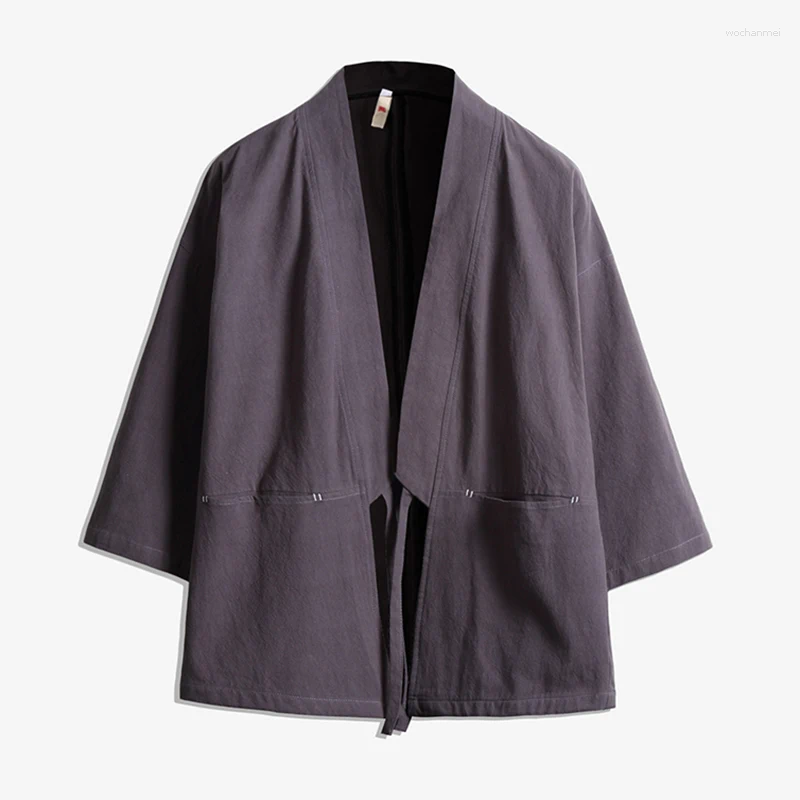 Men's Jackets Hanfu Sle Japanese Kimono Seven-Quarter Sve Windbreaker Sun Protection Outerwear Cardigan V-ne Loose Fit Cotton