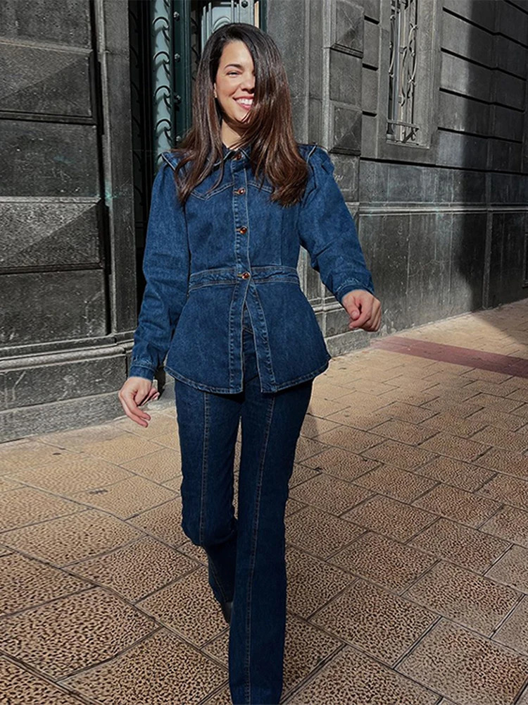 Veste de denim de rue Défini des femmes vestes simples vestes hautes hautes pantalon droit d'automne fashion dame tenue 250818